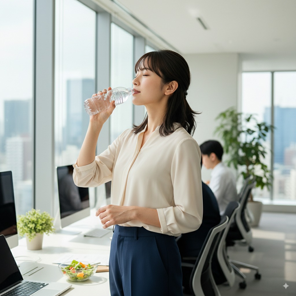 オフィスで水を飲む様子