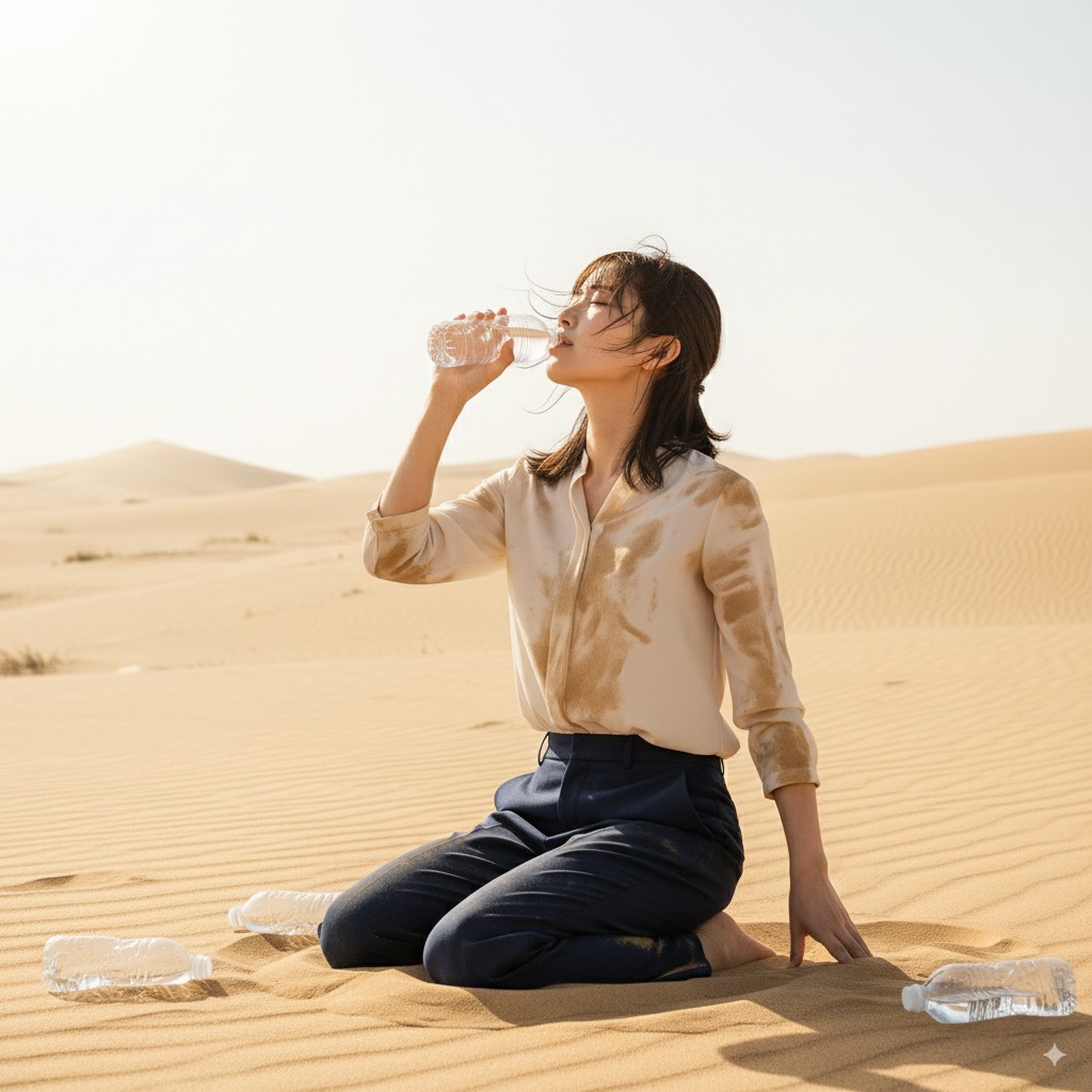 砂漠で水を飲む様子